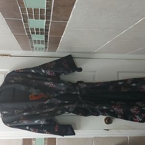 Black Floral Satin Robe with Belt